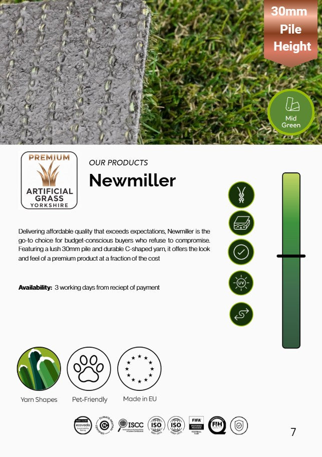 Newmiller Artificial Grass 30mm. Available in 4mtr or 2mtr Widths