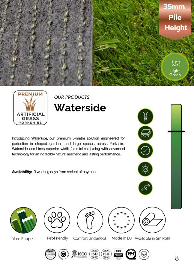 Waterside Artificial Grass 35mm. Available in 5m, 4mtr or 2mtr Widths