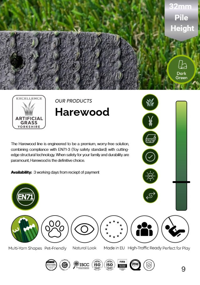 Harewood Artificial Grass 32mm. Available in 4mtr or 2mtr Widths