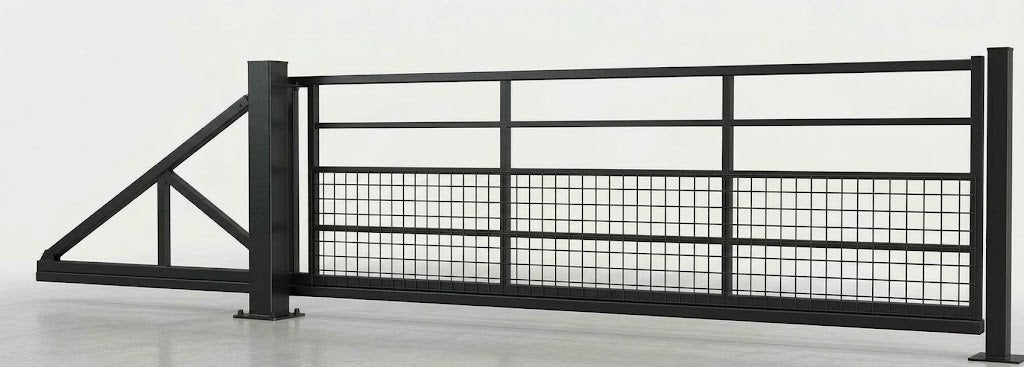 A black metal gate with a wire mesh panel and a triangular support bracket on the left, shown against a plain light gray studio background.