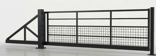 A black metal gate with a wire mesh panel and a triangular support bracket on the left, shown against a plain light gray studio background.