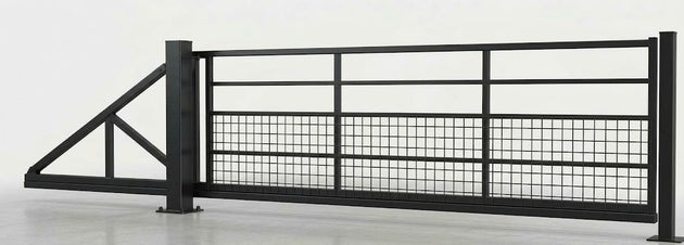 A black metal gate with a wire mesh panel and a triangular support bracket on the left, shown against a plain light gray studio background.